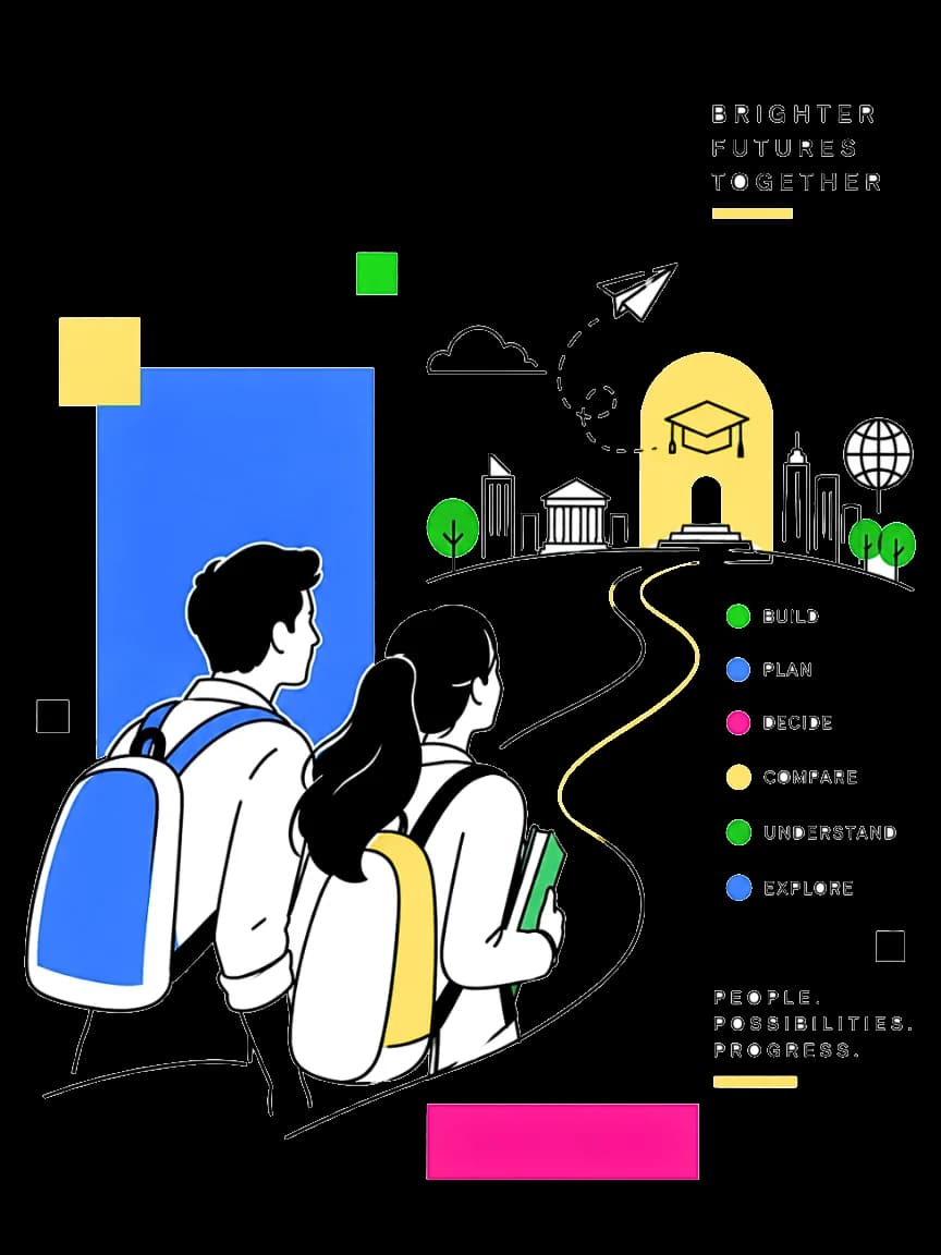 Illustration of two students looking toward a path of higher education and future skills. Not an event photograph.